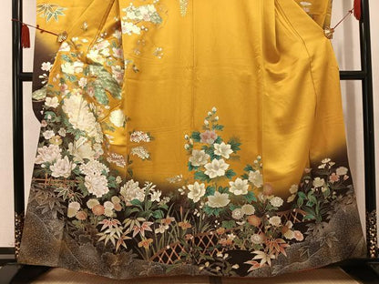 平和屋着物●豪華振袖　草花文　暈し染め　金銀彩　銀通し地　正絹　逸品　AABL1271ph