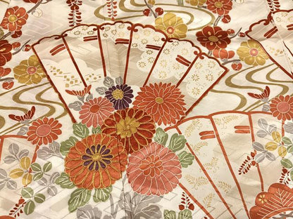 平和屋着物●豪華振袖　駒刺繍　檜扇草花文　金彩　正絹　逸品　AABL1272ph