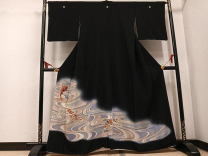 平和屋着物●豪華黒留袖　手描き　鯉　金彩　正絹　逸品　AABL1275ph