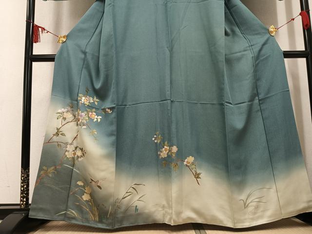 平和屋着物●訪問着　螺鈿　花鳥文　暈し染め　金銀彩　銀通し地　正絹　逸品　AABL1281ph