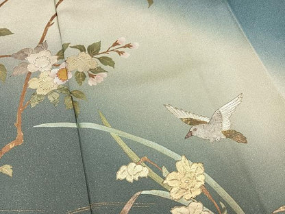 平和屋着物●訪問着　螺鈿　花鳥文　暈し染め　金銀彩　銀通し地　正絹　逸品　AABL1281ph