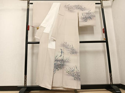 平和屋着物●訪問着　友禅　群れ鶴草花文　暈し染め　正絹　逸品　AABL1283ph