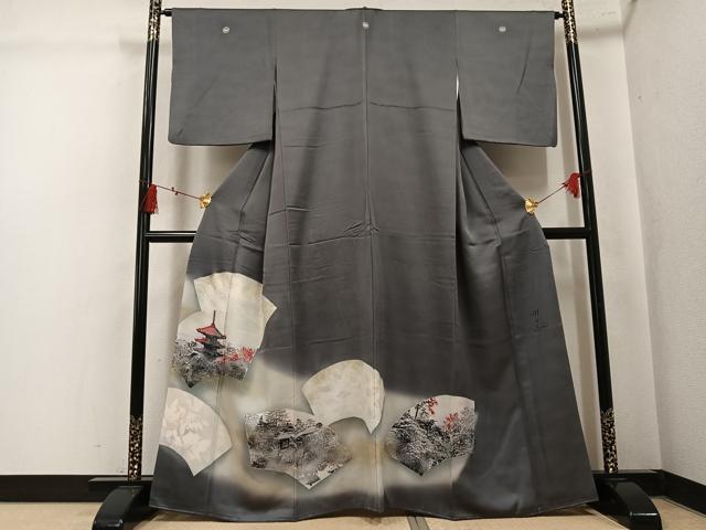 平和屋着物●日展作家　山本唯与志　レリーフ染　色留袖　地紙風景文　暈し染め　金彩　銀通し地　正絹　逸品　AABL1290ph