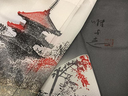 平和屋着物●日展作家　山本唯与志　レリーフ染　色留袖　地紙風景文　暈し染め　金彩　銀通し地　正絹　逸品　AABL1290ph