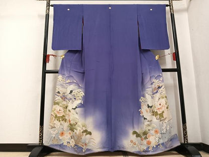 平和屋着物●アンティーク　大正ロマン　色留袖　刺繍　群れ鶴風景草花文　暈し染め　金彩　正絹　逸品　AABL1291ph