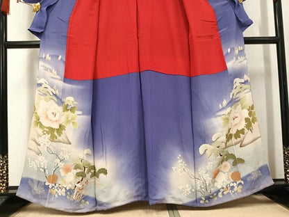 平和屋着物●アンティーク　大正ロマン　色留袖　刺繍　群れ鶴風景草花文　暈し染め　金彩　正絹　逸品　AABL1291ph