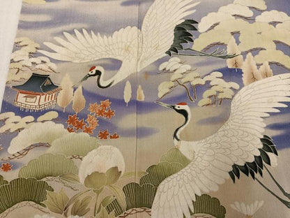 平和屋着物●アンティーク　大正ロマン　色留袖　刺繍　群れ鶴風景草花文　暈し染め　金彩　正絹　逸品　AABL1291ph