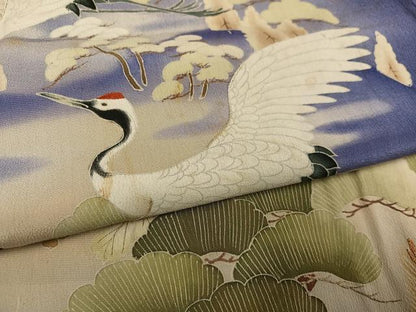 平和屋着物●アンティーク　大正ロマン　色留袖　刺繍　群れ鶴風景草花文　暈し染め　金彩　正絹　逸品　AABL1291ph