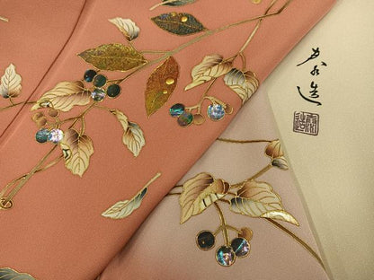 平和屋着物●螺鈿作家　甲斐泰造　訪問着　蔦の葉文　暈し染め　金彩　正絹　逸品　AABL1294ph