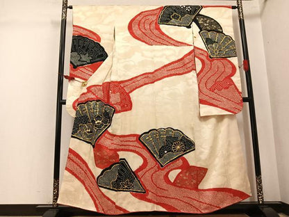 平和屋着物●豪華振袖　絞り　駒刺繍　檜扇花文　正絹　逸品　AABL1295ph