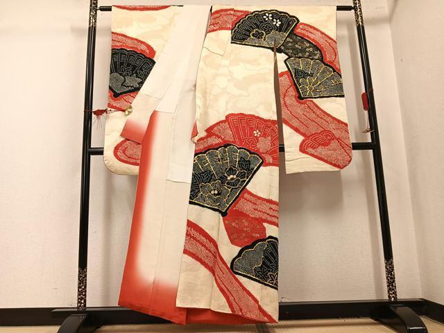 平和屋着物●豪華振袖　絞り　駒刺繍　檜扇花文　正絹　逸品　AABL1295ph