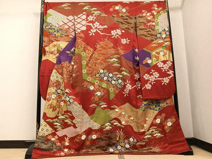 平和屋着物●豪華振袖　草花文　金彩　ロング丈　正絹　逸品　AABL1296ph