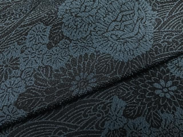 平和屋着物●上質な小紋　藍　型染め　立波花文　鬼しぼ縮緬　正絹　逸品　AABL1305ph
