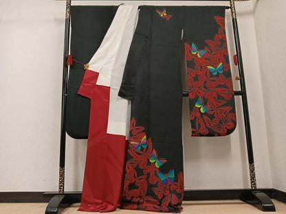 平和屋着物●染色作家　斉藤三才　振袖　舞蝶文　黒地　ロング丈　正絹　逸品　AABL1311ph