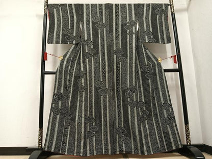 平和屋着物●上質な小紋　総絞り　地紙花文　黒地　正絹　逸品　AABL1318ph