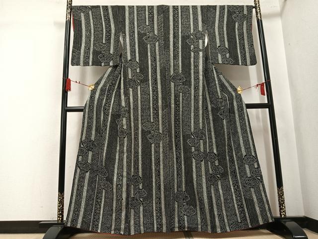 平和屋着物●上質な小紋　総絞り　地紙花文　黒地　正絹　逸品　AABL1318ph