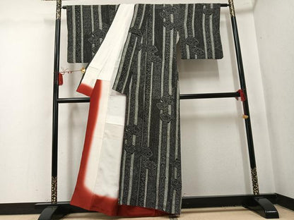 平和屋着物●上質な小紋　総絞り　地紙花文　黒地　正絹　逸品　AABL1318ph