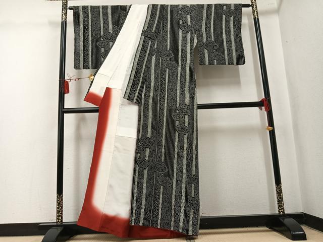 平和屋着物●上質な小紋　総絞り　地紙花文　黒地　正絹　逸品　AABL1318ph