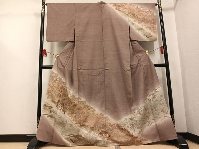 平和屋着物●訪問着　紬地　刺繍　草花文　暈し染め　金彩　正絹　逸品　AABL1319ph