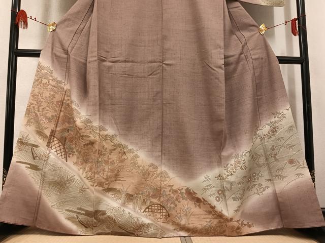 平和屋着物●訪問着　紬地　刺繍　草花文　暈し染め　金彩　正絹　逸品　AABL1319ph