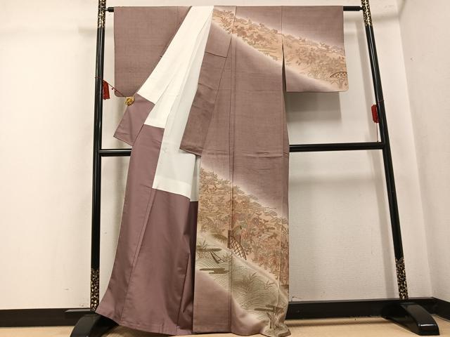 平和屋着物●訪問着　紬地　刺繍　草花文　暈し染め　金彩　正絹　逸品　AABL1319ph