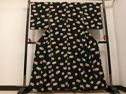 平和屋着物●紅型　小紋　風景草花文　黒地　正絹　逸品　AABL1322ph