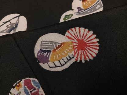 平和屋着物●紅型　小紋　風景草花文　黒地　正絹　逸品　AABL1322ph