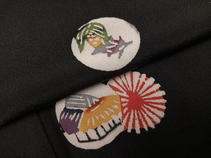 平和屋着物●紅型　小紋　風景草花文　黒地　正絹　逸品　AABL1322ph