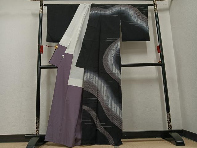 平和屋着物●訪問着　紬地　刺繍　刺し子　杢目絞り　吉祥文　暈し染め　黒地　京都きもの友禅扱い　正絹　逸品　AABL1329ph