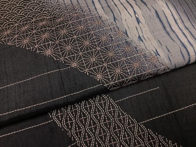 平和屋着物●訪問着　紬地　刺繍　刺し子　杢目絞り　吉祥文　暈し染め　黒地　京都きもの友禅扱い　正絹　逸品　AABL1329ph