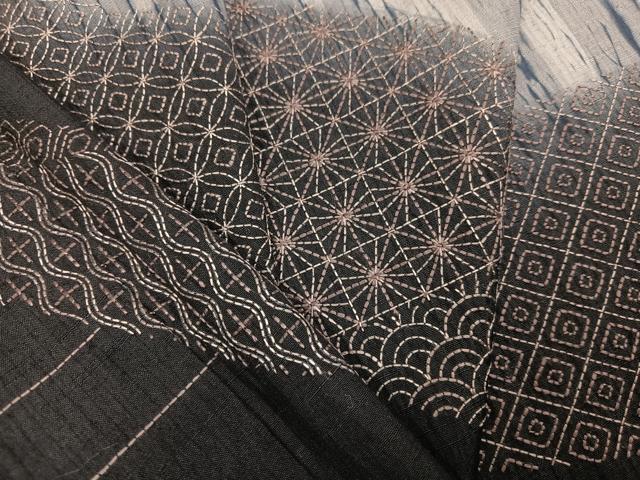 平和屋着物●訪問着　紬地　刺繍　刺し子　杢目絞り　吉祥文　暈し染め　黒地　京都きもの友禅扱い　正絹　逸品　AABL1329ph