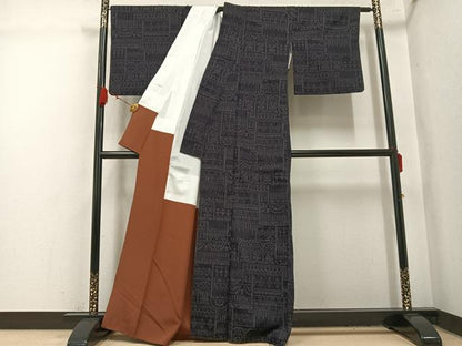 平和屋着物●結城紬　100亀甲　幾何学花文　正絹　逸品　AABL1342ph