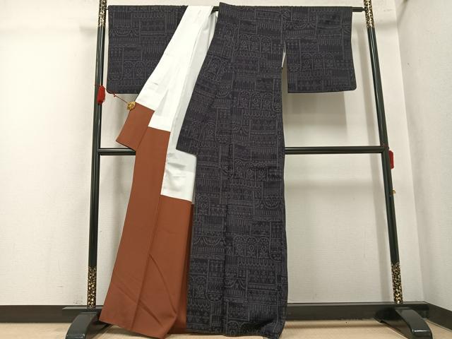 平和屋着物●結城紬　100亀甲　幾何学花文　正絹　逸品　AABL1342ph