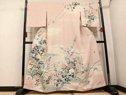 平和屋着物●訪問着　友禅　作家物　草花文　暈し染め　正絹　逸品　未使用　AABL1347ph