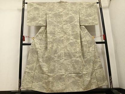 平和屋着物●本場結城紬　重要無形文化財　110亀甲　モロ入り　風景草花文　正絹　逸品　AABL1350ph