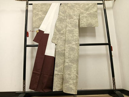 平和屋着物●本場結城紬　重要無形文化財　110亀甲　モロ入り　風景草花文　正絹　逸品　AABL1350ph