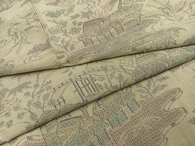 平和屋着物●本場結城紬　重要無形文化財　110亀甲　モロ入り　風景草花文　正絹　逸品　AABL1350ph