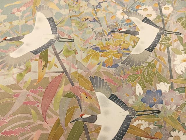 平和屋着物●本加賀友禅作家　百貫華峰　色留袖　群れ鶴草花文　暈し染め　正絹　逸品　AABL1352ph