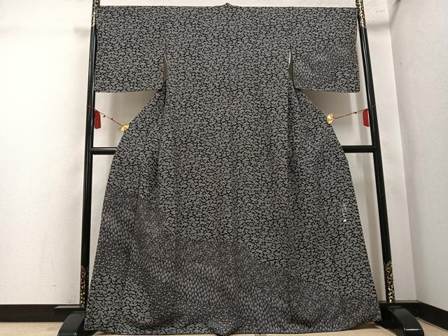 平和屋着物●伝統工芸士 染谷梅治　江戸小紋　訪問着　檜扇花文　黒地　正絹　逸品　AABL1354ph