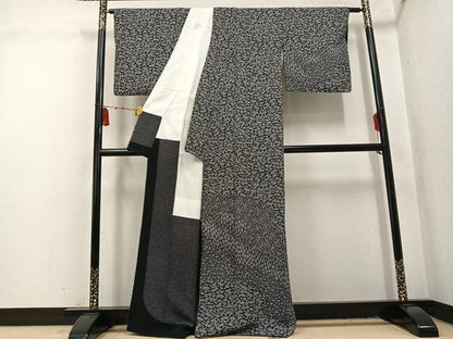平和屋着物●伝統工芸士 染谷梅治　江戸小紋　訪問着　檜扇花文　黒地　正絹　逸品　AABL1354ph