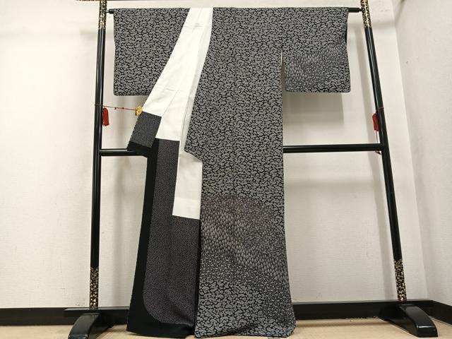平和屋着物●伝統工芸士 染谷梅治　江戸小紋　訪問着　檜扇花文　黒地　正絹　逸品　AABL1354ph