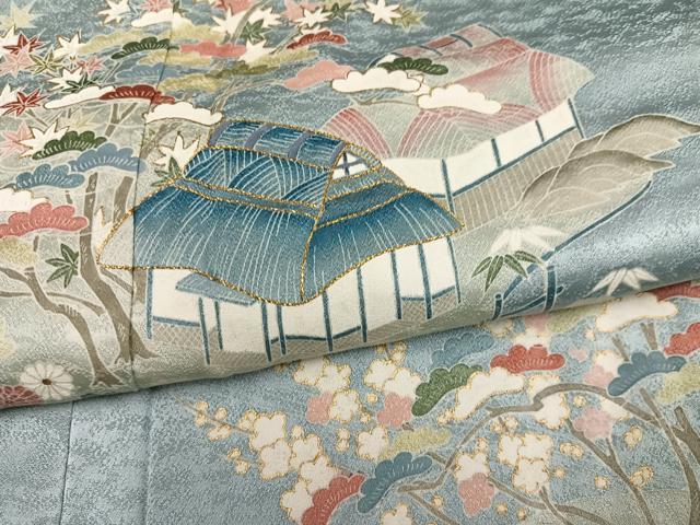 平和屋着物●訪問着　刺繍　松竹梅風景文　金彩　正絹　逸品　AABL1356ph