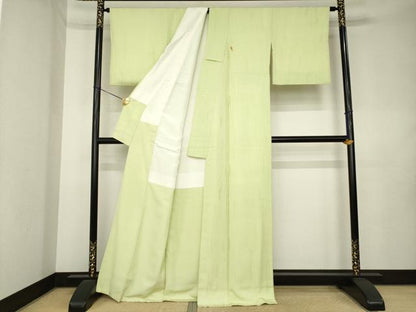 平和屋着物●上質な色無地　幾何学地紋　抹茶色　正絹　逸品　AABL1368ck