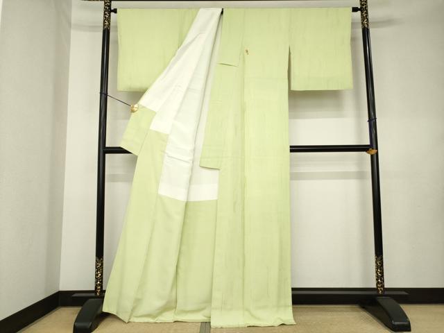 平和屋着物●上質な色無地　幾何学地紋　抹茶色　正絹　逸品　AABL1368ck