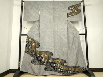 平和屋着物●訪問着　総絞り　刺繍　流水花文　黒地　金彩　鈴乃屋扱い　正絹　逸品　AABL1375ck