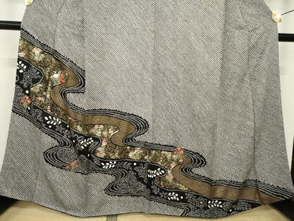 平和屋着物●訪問着　総絞り　刺繍　流水花文　黒地　金彩　鈴乃屋扱い　正絹　逸品　AABL1375ck