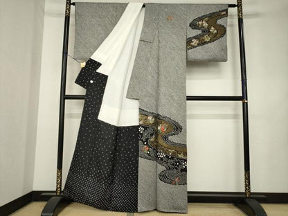 平和屋着物●訪問着　総絞り　刺繍　流水花文　黒地　金彩　鈴乃屋扱い　正絹　逸品　AABL1375ck