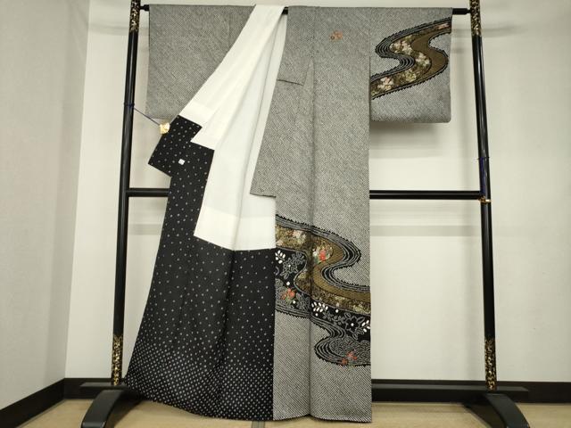 平和屋着物●訪問着　総絞り　刺繍　流水花文　黒地　金彩　鈴乃屋扱い　正絹　逸品　AABL1375ck