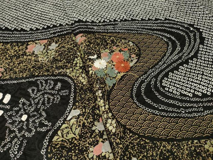 平和屋着物●訪問着　総絞り　刺繍　流水花文　黒地　金彩　鈴乃屋扱い　正絹　逸品　AABL1375ck