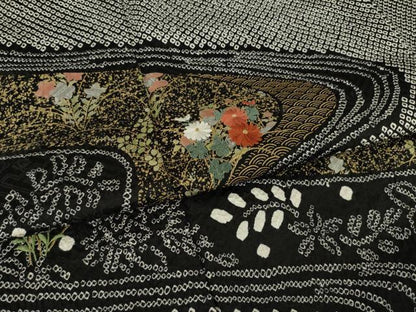 平和屋着物●訪問着　総絞り　刺繍　流水花文　黒地　金彩　鈴乃屋扱い　正絹　逸品　AABL1375ck